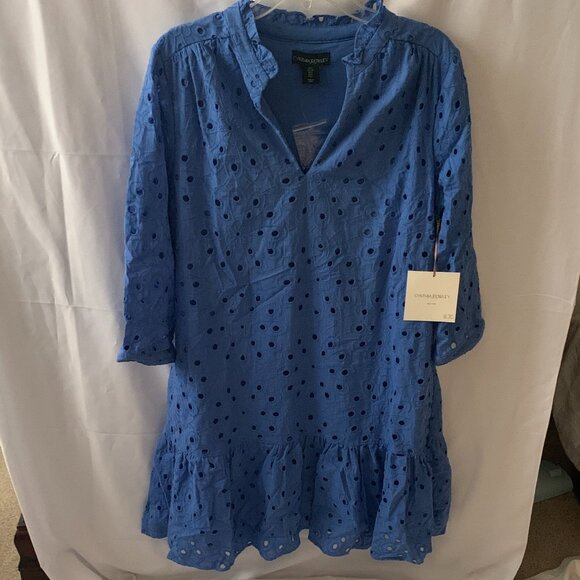 CYNTHIA ROWLEY Long Sleeve Eyelet Ruffle Hem Mini Dress in Denim Blue Sz LARGE - Picture 1 of 6